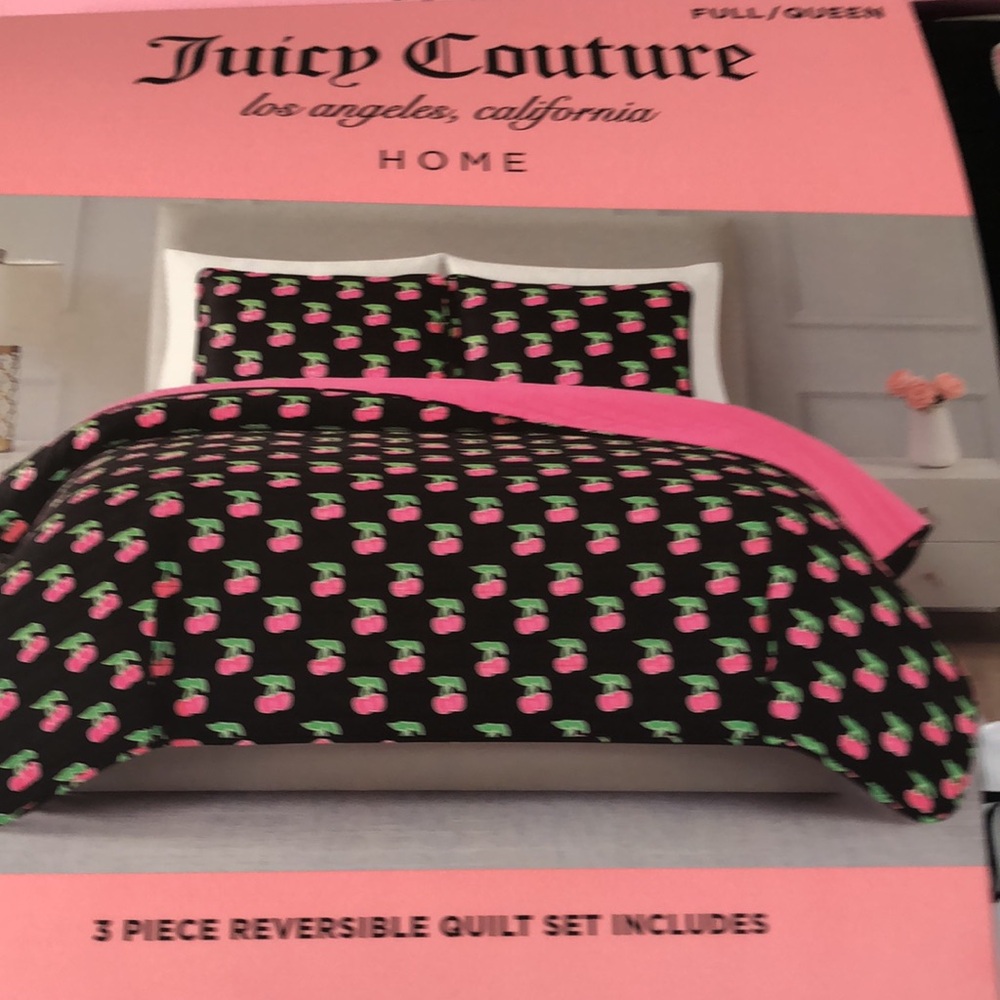 🍒 NWT Juicy Couture Cherry Full/Queen 3 Piece Reversible Quilt Set